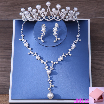 Bridal Crown Necklace Earrings Suite Pearl Headdress Wedding Dress Accessories Headdress Ornament