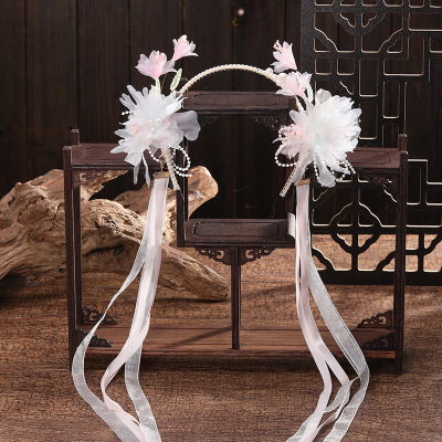 Creative Archaistic Light Pink Grenadine Decorative Women's Han Chinese Clothing Accessories Metal Geometry Grenadine Flower Bead Ribbon Hair Hoop