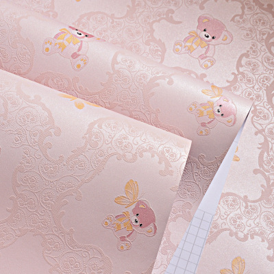 Self-Adhesive Wallpaper Children's Room Cartoon Bear Boy Girl Bedroom Cute Pink Princess Room 3D Non-Woven Wallpaper