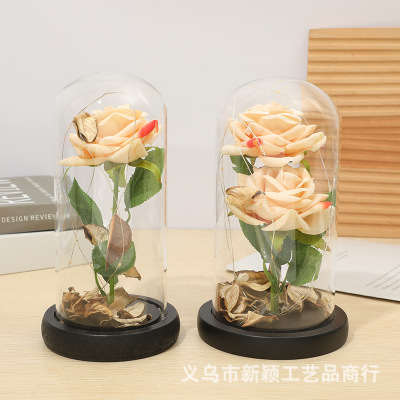 2022 New Champagne Rose Glass Cover Preserved Fresh Flower Birthday Gift Factory Wholesale
