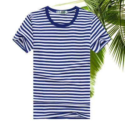 New Navy-Striped Shirt Men's and Women's Short-Sleeved Custom Class Uniform T-Shirt Wholesale Blue and White Striped T-shirt round Neck Navy Shirt