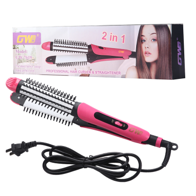 Guowei Electric GW-7619 Cross-Border Two-in-One Straight Hair Hair Curler Lazy Large Roll Inner Curl Electric Rod Factory Direct Sales