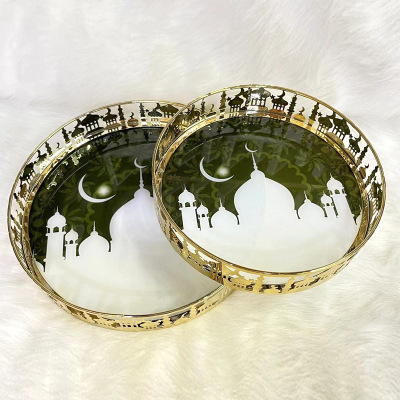 New Middle East Muslim Ramadan Eid Al-Adha Supplies Golden Iron Printing Tray Fruit Plate Holiday Decoration