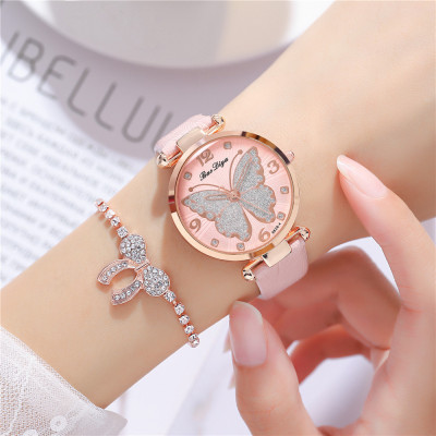 New Fashion Simple Belt Women's Watch Fashion Temperament Glitter Face Butterfly Pattern Quartz Lady Leather-Belt Watch