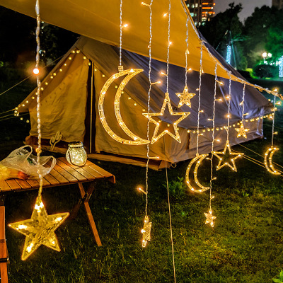 Cross-Border Factory Wholesale Led Solar String Lights Small Colored Lights Star Moon Curtain Light Outdoor Courtyard Decorative Light