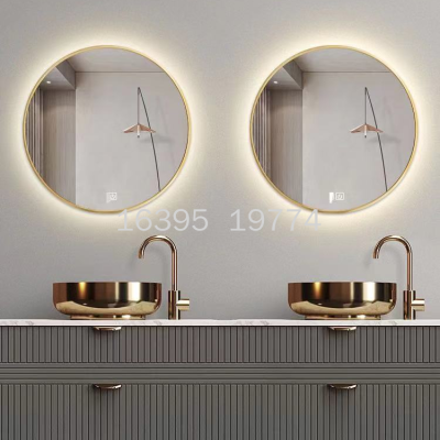 Smart Bathroom Mirror Aluminum Alloy Golden Edge Touch Screen round Mirror Wall-Mounted Cosmetic Mirror Led Induction Luminous Mirror with Light