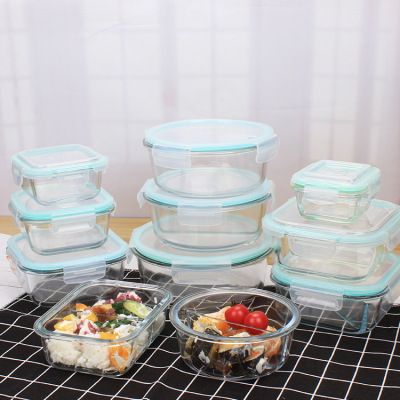Glass Bowl Crisper Heat-Resistant Microwave Oven Lunch Box Transparent Glass Lunch Box Sealed Bento Refrigerator 