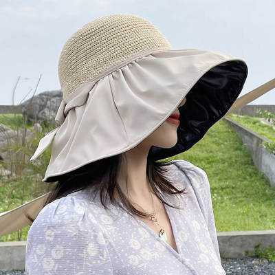 Hat Female Summer Big Brim Black Glue Bucket Hat UPF50 + Bow Sun Hat Face Cover Sun-Proof Hat Sun Hat Female