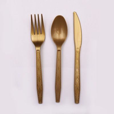 Factory Wholesale Golden Plastic Knife, Fork and Spoon Disposable PS Tableware Golden Printing Thickened Spoon 20 Pieces