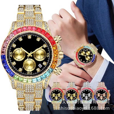 European and American Men's Stainless Steel Watch Colorful Crystals Diamond Men's Watch Roman Scale Calendar Hip Hop Watch Full Diamond Watch