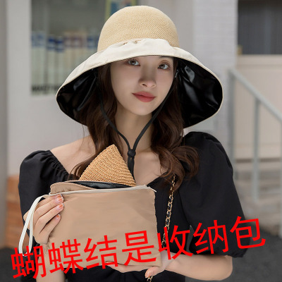 Black Rubber Cap Female Summer UV Protection Online Influencer Bow Buggy Bag Bucket Hat Hollow out Folding Sun Hat