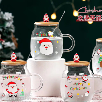 Christmas Glass with Bamboo Cover Water Cup Cute Coffee Cup Fashion Mug