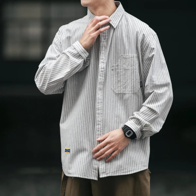 Hong Kong Style Long Sleeve Shirt Men's Japanese-Style Retro Casual Striped Shirt Teenagers Loose Trendy Versatile Jacket