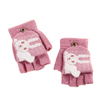 Children's Cute Men's and Women's Same Jacquard Flip Half Finger Cute Cold-Proof Warm Gloves