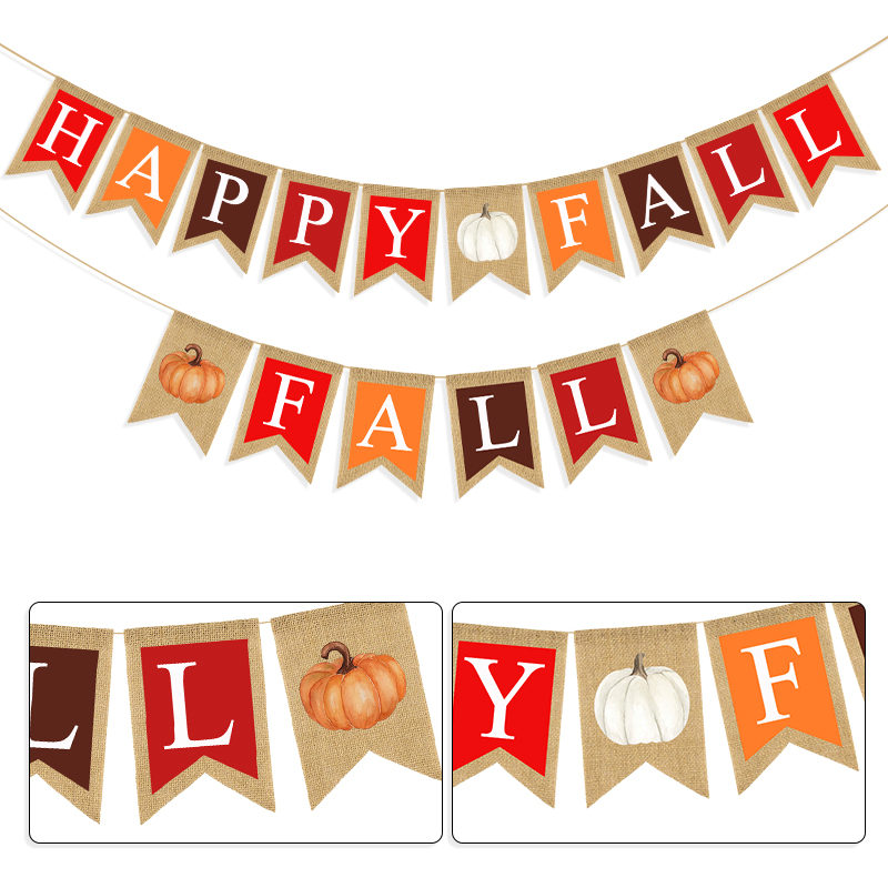 thanksgiving party banner decoration flag pumpkin colorful happy fall linen swallowtail pull flag pull flower