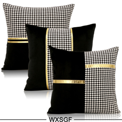 Simple and Light Luxury Sample Room Lumbar Support Pillow Pillow Cushion Black and White Houndstooth Golden Car Leather Strap Stitching Black Velvet