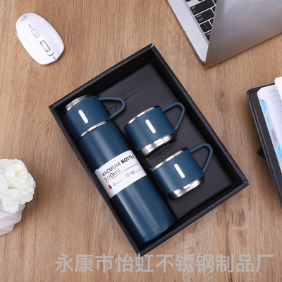 New 304 Stainless Steel Cup One Cup Double Lid Portable Water Cup High-End Gift Three-Piece Gift Box Vacuum Cup