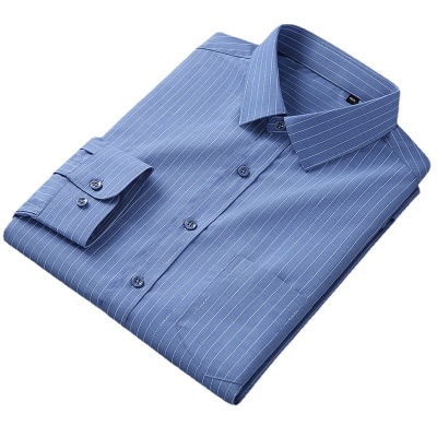 New Men's Bamboo Fiber Printed Pocket Shirt Long Sleeve High-End Casual Business Plaid Striped Seamless Non-Ironing Shirt