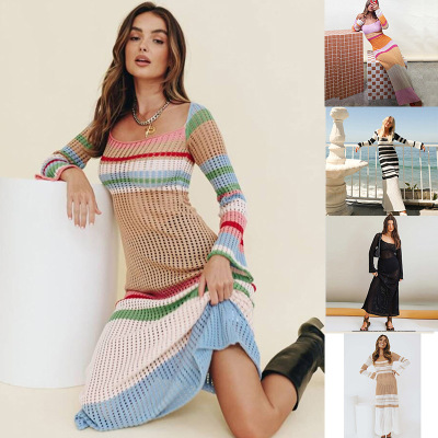 Striped Contrast Color Knitted Hollow Dress European and American Autumn and Winter New Beach Casual Vacation Dress Women