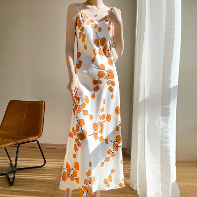 Summer New Acetate Satin Silk Suspender Skirt Women's Long Sleeveless Cold-Shoulder Light Luxury Mulberry Silk French Dress