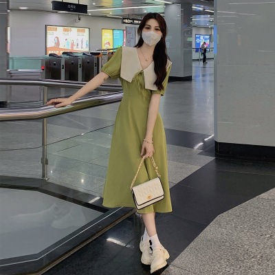 High-Grade Doll Collar Dress for Women 2022 Summer New French Style Covering Belly Thin Gentle Mid-Length Dress