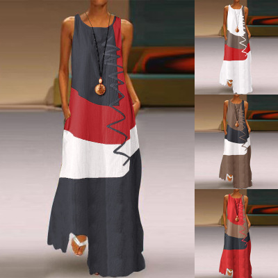 AliExpress New Popular Women's Vintage Printed Dress V-neck Sleeveless Pocket Summer Dress