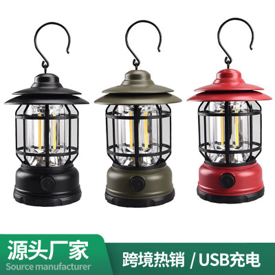 Cross-Border New Arrival Camping Lantern Outdoor Multifunctional Camping Tent Light Retro Barn Lantern Cob Portable Rechargeable Light Household