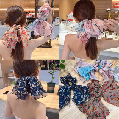 Floral Gauzy Large Intestine Hair Band Printed Hair Rope Female Ponytail Hair Band Bow Headdress Ribbon Headband Summer