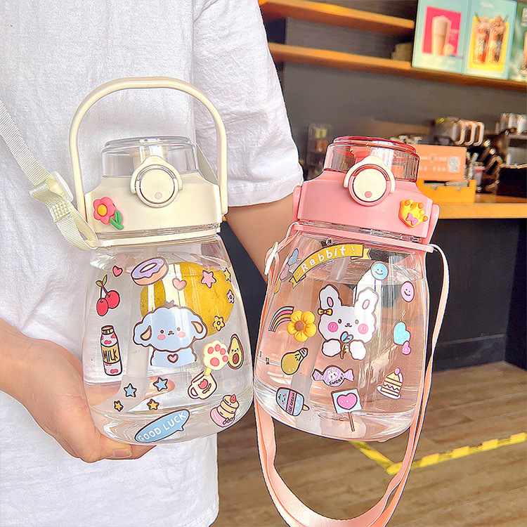 跨境网红塑料大肚杯大容量吸管杯子提手背带便捷创意礼品卡通水杯