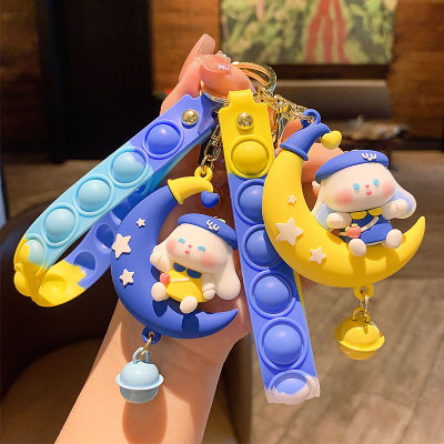 Creative Cartoon Moon Blue Rabbit Keychain Cute Bunny Decompression Carrying Strap Couple Cars and Bags Pendant Wholesale