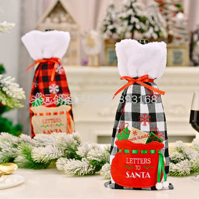 New Christmas Decoration Christmas Red Wine Bottle Bag Christmas Red Black Plaid Embroidery Bottle Cover Dining-Table Decoration