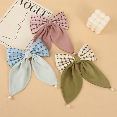 Korean Barrettes Advanced Satin Pearl Barrettes Spring Clip Color-Blocking Bow Hair Ring