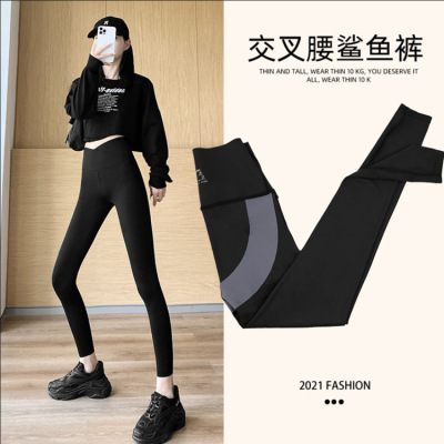 Tiktok Spring and Autumn Best-Selling Cross Shark Skin Leggings Women's Belly Contracting Yoga Fitness Weight Loss Pants Suspension Pants Shark Pants