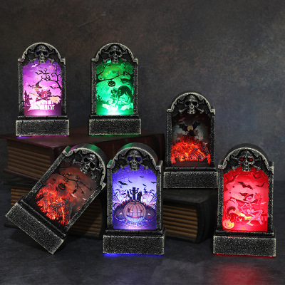 Cross-Border Halloween Tombstone Dress up Props LED Luminous Skull Tombstone Ghost Festival Horror Decorations Desktop Ornaments