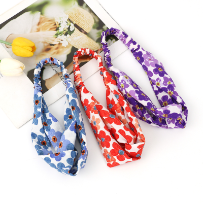 Korean Style Spring/Summer New Fabric Craft Printed Flowers Cross Hair Band Face Wash Bandeau Headband Fashion Headband Headdress Wholesale