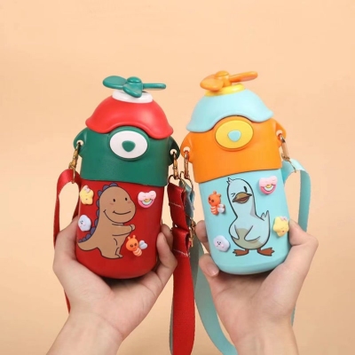 Cartoon 304 Stainless Steel Thermos Cup Male and Female Kindergarten Students Crossbody Double Drink Children's Kettle Portable Bounce Cover