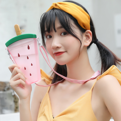 Online Influencer Cute Fruit Ice Cup Plastic Drinking Straw Strap Outdoor Portable and Cute Watermelon Ice Cream Kettle