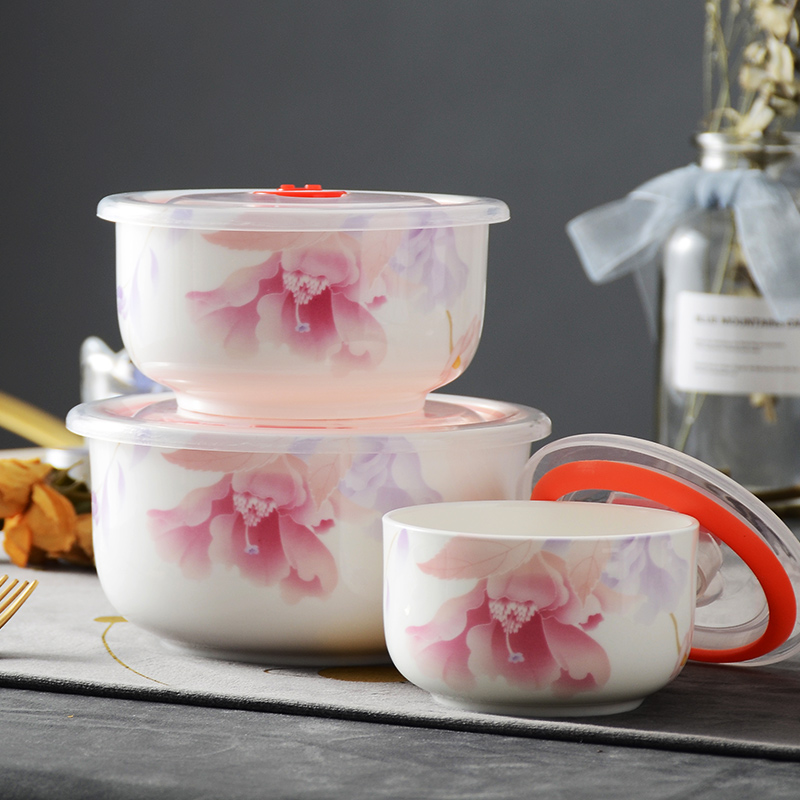 保鲜碗华光陶瓷骨瓷保鲜碗三件套保鲜盒釉中彩微波炉带盖便当饭盒