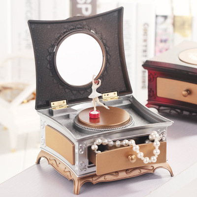 Creative Plastic Pink Classical Dressing Table Rotating Girl Music Box with Makeup Mirror Single-Layer Drawer Music Box