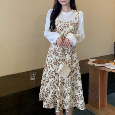 Japanese Style Sweet Floral Suspender Dress Women's Autumn and Winter Large Size Gentle Long Sleeve Fake Two-Piece Corduroy Dress