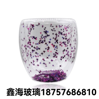 Double Layer Glass Cup with Sequins XINGX Pearl Powder Handle Cup Double Layer High Borosilicate Glasses
