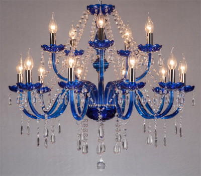 10+5 Blue Crystal Chandelier Short Fake 2-Layer 15-Head Blue Candle Light Glass Lamp Suitable for Hotel KTV, Etc.