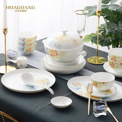 Huaguang Ceramic Bone China Tableware Suit Anti-Scald Bowl and Dish Set Household Bowl Dish Plate Combination in-Glaze Decoration Month Lower Hibiscus