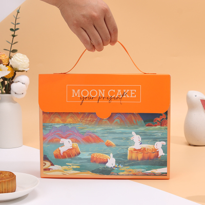 2022 New Orange Portable Landscape Rabbit Mid-Autumn Moon Cake Packaging Box 6 Capsules Moon Cake Box Gift Empty Box