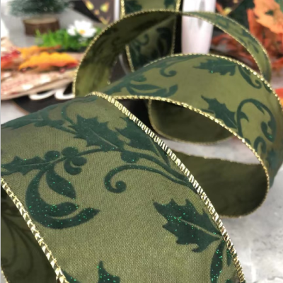Item No.: 2271 Christmas Gift Bag Decoration DIY Green Onion Velvet Leaves Bilateral Wire Ribbon 6.3cm