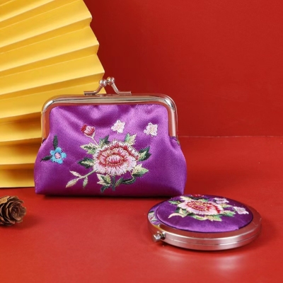Retro Chinese Style Embroidery Coin Purse Makeup Mirror Lipstick Case Two-Piece Suit Peony Flower Embroidered Jewelry Bag