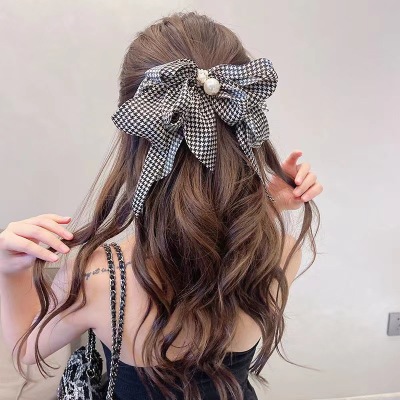 Korean Style New Houndstooth Big Bow Headdress Barrettes Back Head Hairpin Female Summer Net Red Banana Clip