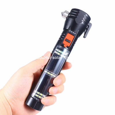 Solar Flashlight USB Rechargeable Flashlight Multi-Function with Safety Hammer Safety Belt Cut off Emergency Warning Light