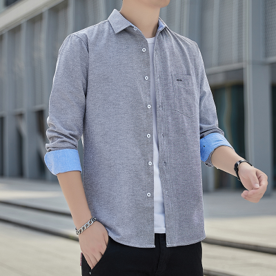 2022 Oxford Long-Sleeved Shirt Men's Korean-Style Slim-Fit Solid Color Middle-Aged and Young Men's Shirt Leisure Shirt Shirt