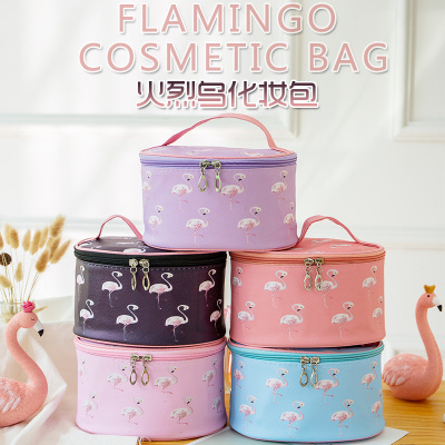 New Cylinder Cosmetic Bag Waterproof Pu Cartoon Flamingo Portable Toiletry Bag Large-Capacity Cosmetics Storage Bag